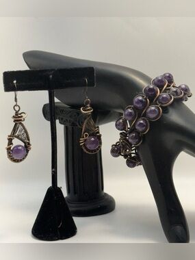 Handmade Amethyst & Copper Wire Wrapped Jewelry Set - Earrings & Cuff Bracelet